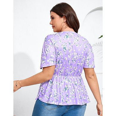 Women's Plus Size Blouse V Neck Short Sleeves Ruffle Casual Summer Lightweight Tops