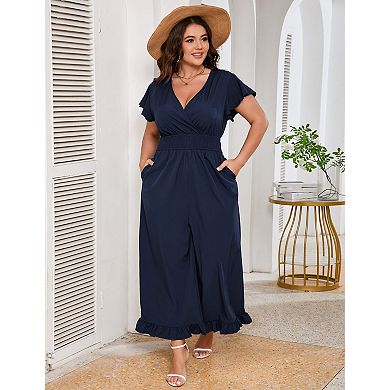 Women Plus Size One Piece Outfit Elastic Waist Wide Leg Jumpsuits