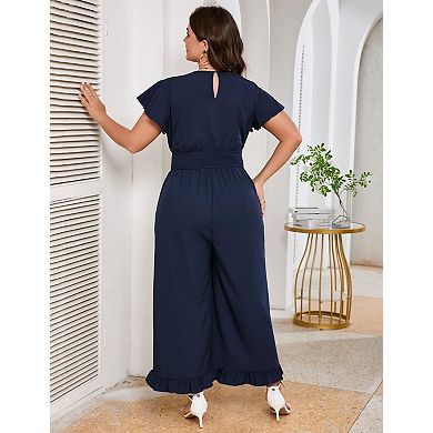 Women Plus Size One Piece Outfit Elastic Waist Wide Leg Jumpsuits