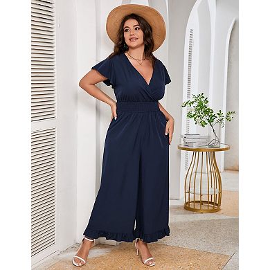 Women Plus Size One Piece Outfit Elastic Waist Wide Leg Jumpsuits