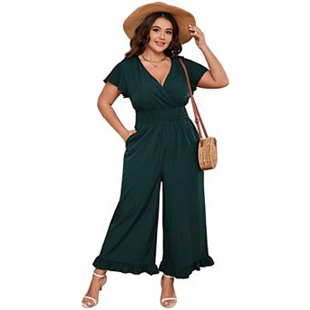 Women Plus Size One Piece Outfit Elastic Waist Wide Leg Jumpsuits