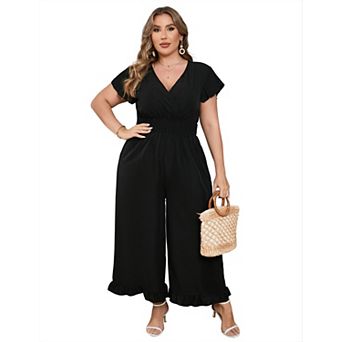 Women Plus Size One Piece Outfit Elastic Waist Wide Leg Jumpsuits