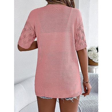 Women's Short Sleeve Open Front Knit Cardigan Hollow Out Leaf Pattern Lightweight Cover Up