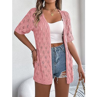 Women's Short Sleeve Open Front Knit Cardigan Hollow Out Leaf Pattern Lightweight Cover Up