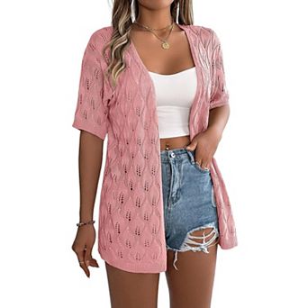 Women's Short Sleeve Open Front Knit Cardigan Hollow Out Leaf Pattern Lightweight Cover Up