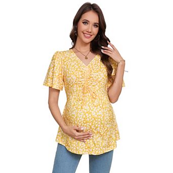 Women's Maternity V-Neck Blouse Short Sleeve with Drawstring Waist