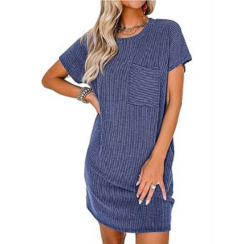 Women's Short Sleeve Crewneck Shirt Casual Dresses Ribbed Knit with Pockets