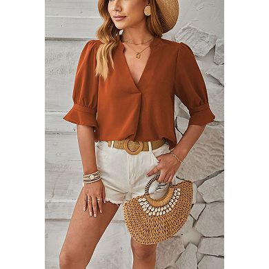Women's Pure V-Neck Short Sleeve Blouse Soft Breathable Top