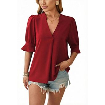 Women's Pure V-Neck Short Sleeve Blouse Soft Breathable Top