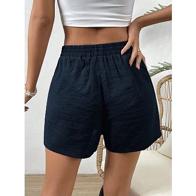 Women's Casual Linen Drawstring Waist Shorts Elegant Textured Solid Beach Shorts