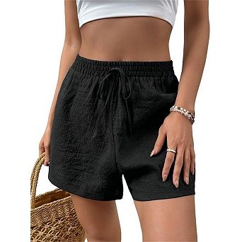 Women's Casual Linen Drawstring Waist Shorts Elegant Textured Solid Beach Shorts