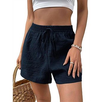 Women's Casual Linen Drawstring Waist Shorts Elegant Textured Solid Beach Shorts