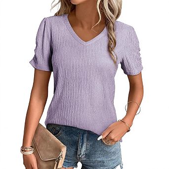 Women's V Neck T Shirts Textured Knit Puff Sleeve Solid Color Tops for Daily Wear