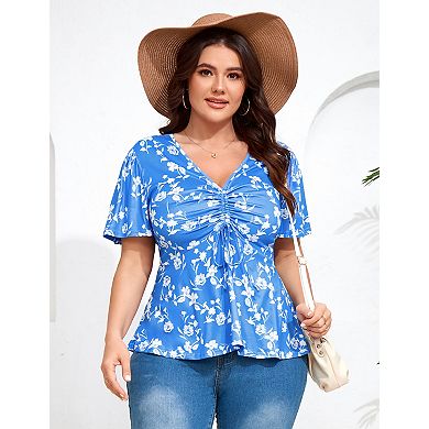 Women's Plus Size Blouse V Neck Short Sleeves Ruffle Casual Summer Lightweight Tops