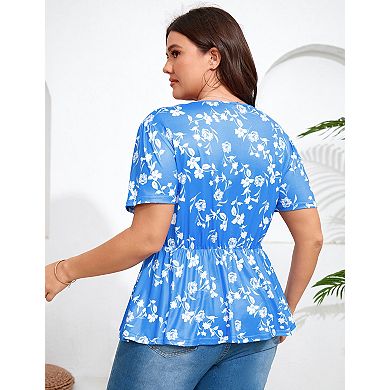 Women's Plus Size Blouse V Neck Short Sleeves Ruffle Casual Summer Lightweight Tops