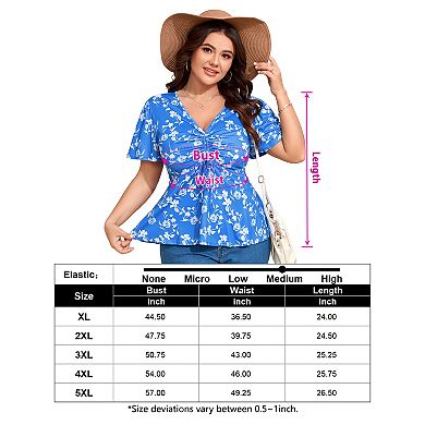 Women's Plus Size Blouse V Neck Short Sleeves Ruffle Casual Summer Lightweight Tops