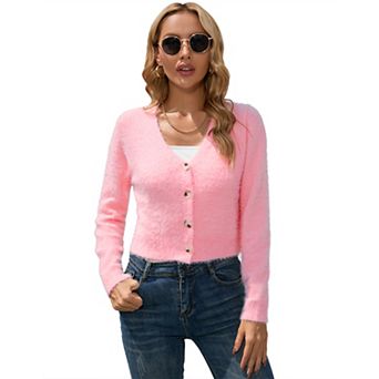 Women Cardigan Sweater V Neck Cropped Sweaters Fuzzy Cardigans Chunky Knit Button Cardigan Crop Top