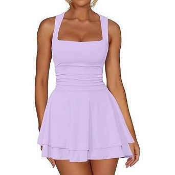 Women's Square Neck Ruffle Hem Mini Dress Ruched Waist Short Party Dresses