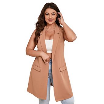 Women's Plus Size Long Blazers Sleeveless Vest Casual with Pockets