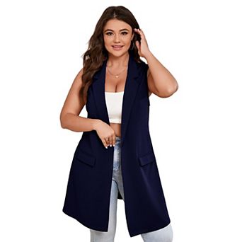 Women's Plus Size Long Blazers Sleeveless Vest Casual with Pockets