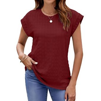 Women's Casual Jacquard Blouse Cap Sleeve Crew Neck Loose Fit Tunic Tops Office Daily Wear