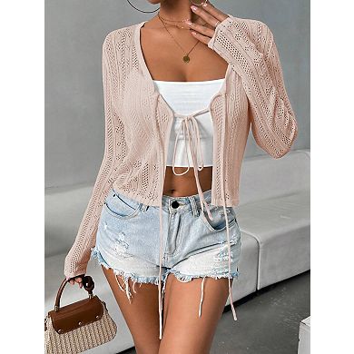 Women's Tie Front Cardigan Lightweight Sweater Cute Flower Cardigan