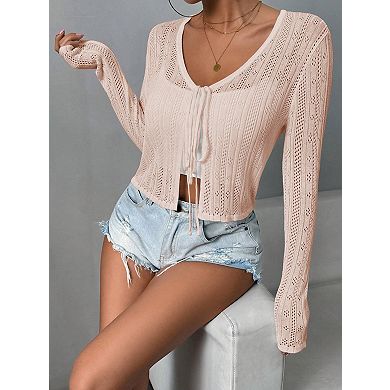 Women's Tie Front Cardigan Lightweight Sweater Cute Flower Cardigan