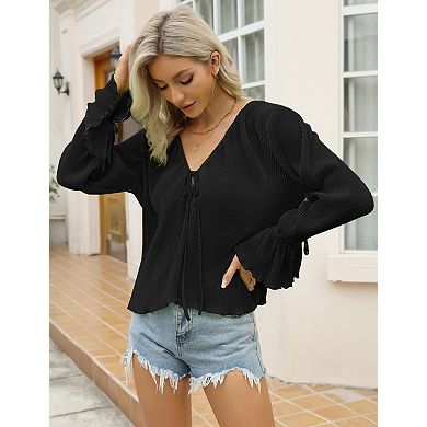 Womens Tie Front Blouse Lightweight Open Front Ruffle Long Sleeves V Neck Tops