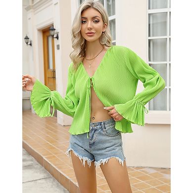 Womens Tie Front Blouse Lightweight Open Front Ruffle Long Sleeves V Neck Tops