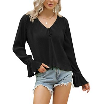 Womens Tie Front Blouse Lightweight Open Front Ruffle Long Sleeves V Neck Tops