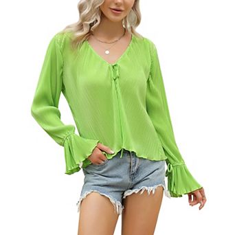 Womens Tie Front Blouse Lightweight Open Front Ruffle Long Sleeves V Neck Tops