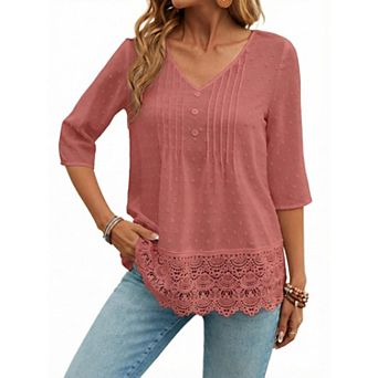 Women's Casual V-Neck Lace Blouse with Hollow Out