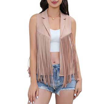Women's Western Style Faux Suede Fringe Vest, Sleeveless Lapel Collar Open Front Vest