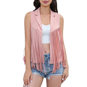 Women's Western Style Faux Suede Fringe Vest, Sleeveless Lapel Collar Open Front Vest