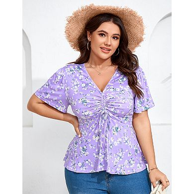 Women's Plus Size Blouse V Neck Short Sleeves Ruffle Casual Summer Lightweight Tops