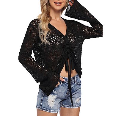 Women's Off Shoulder Crochet Knit Sweater Long Sleeve Drawstring Ruched Hollow Out Blouse Top