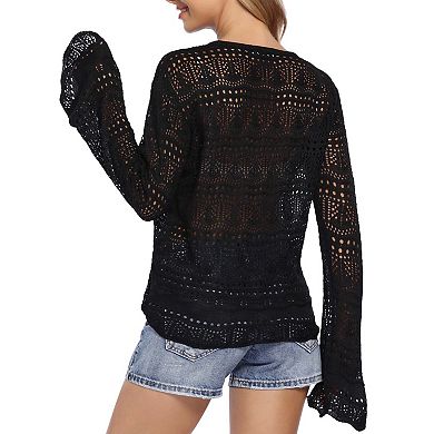 Women's Off Shoulder Crochet Knit Sweater Long Sleeve Drawstring Ruched Hollow Out Blouse Top