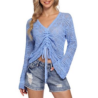 Women's Off Shoulder Crochet Knit Sweater Long Sleeve Drawstring Ruched Hollow Out Blouse Top