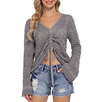 Women's Off Shoulder Crochet Knit Sweater Long Sleeve Drawstring Ruched Hollow Out Blouse Top