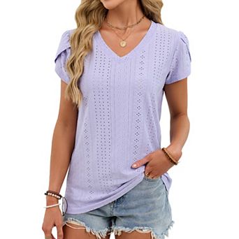 Women's Casual Loose V Neck T Shirts Petal Sleeve Solid Color Summer Tops for Daily Wear Vacation