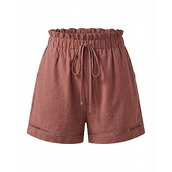 Women's Cotton Wide Leg Shorts Drawstring High Waist Two Pockets Beach Shorts