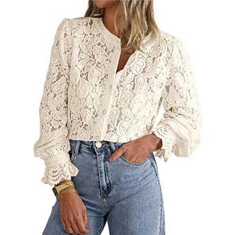 Elegant Floral Lace Button Down Shirts for Women Long Sleeve V Neck Blouses Casual Tops