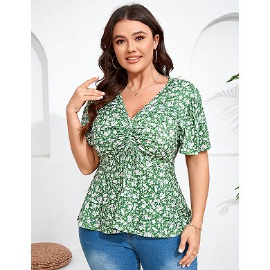 Women's Plus Size Blouse V Neck Short Sleeves Ruffle Casual Summer Lightweight Tops