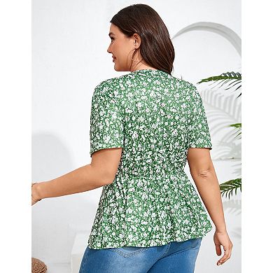 Women's Plus Size Blouse V Neck Short Sleeves Ruffle Casual Summer Lightweight Tops