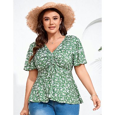 Women's Plus Size Blouse V Neck Short Sleeves Ruffle Casual Summer Lightweight Tops