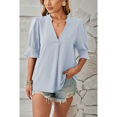 Women's Pure V-Neck Short Sleeve Blouse Soft Breathable Top