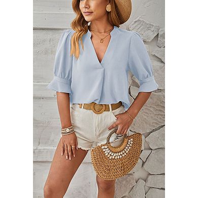 Women's Pure V-Neck Short Sleeve Blouse Soft Breathable Top