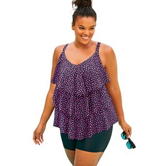 Swim 365 Women's Plus Size Longer-Length Tiered-Ruffle Tankini Top