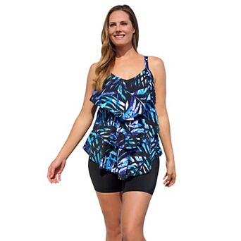Swim 365 Women's Plus Size Longer-Length Tiered-Ruffle Tankini Top