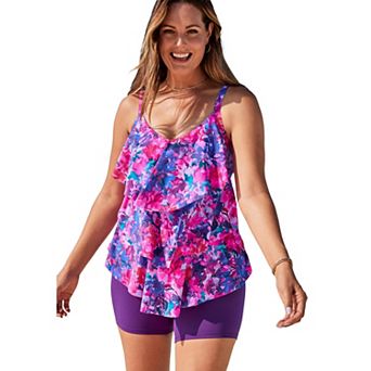Swim 365 Women's Plus Size Longer-Length Tiered-Ruffle Tankini Top